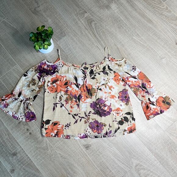 INC Floral Cream Purple Cold Shoulder Long Bell Sleeve Blouse Women’s - Picture 2 of 11